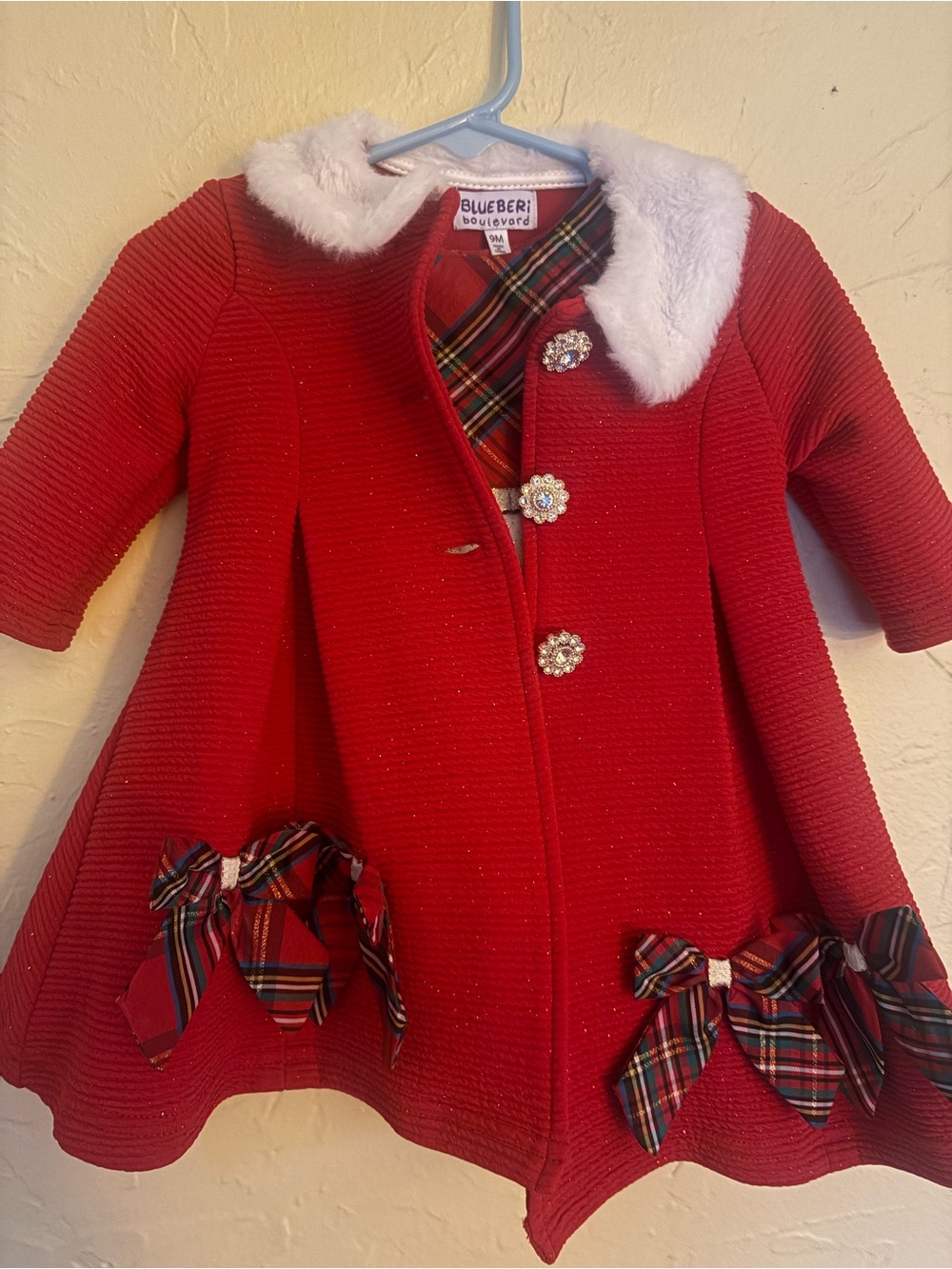 Blueberi Boulevard Red Coat with White Faux-Fur Collar and Plaid Sparkly Dress